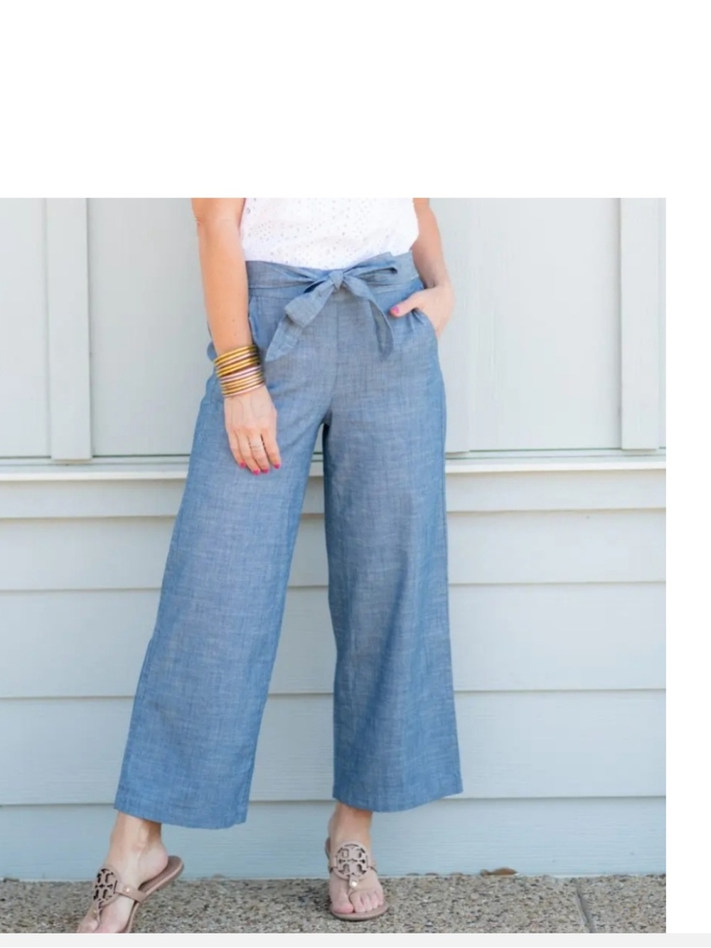 J. Crew Chambray Tie-Waist Wide Leg Crop Pants - cotton/linen, Blue, size 6